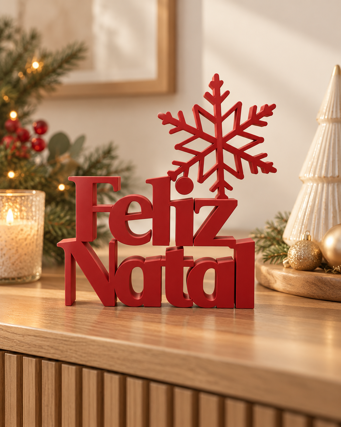 Decoração de Natal ORIVA FELIZ NATAL em Vermelho Mate
